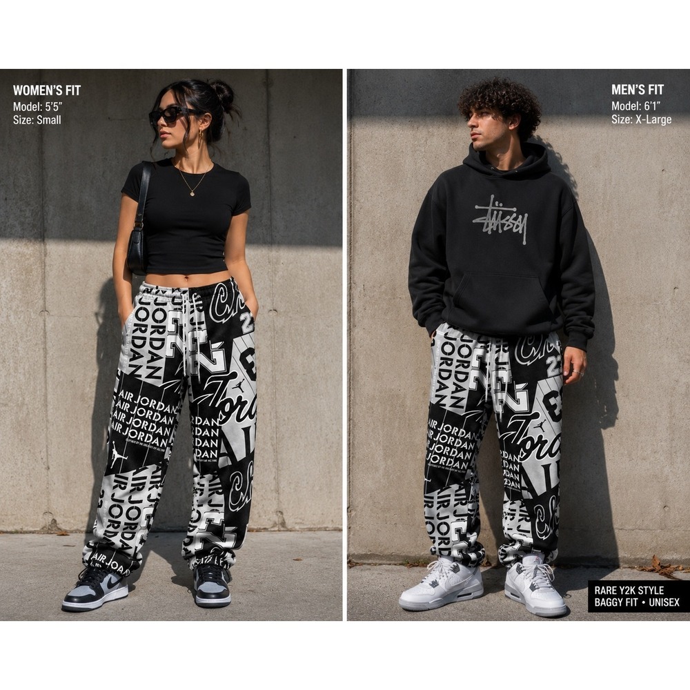 Nike Air Jordan Fleece Joggers Sweatpants MED Loose Graphic Black Grey